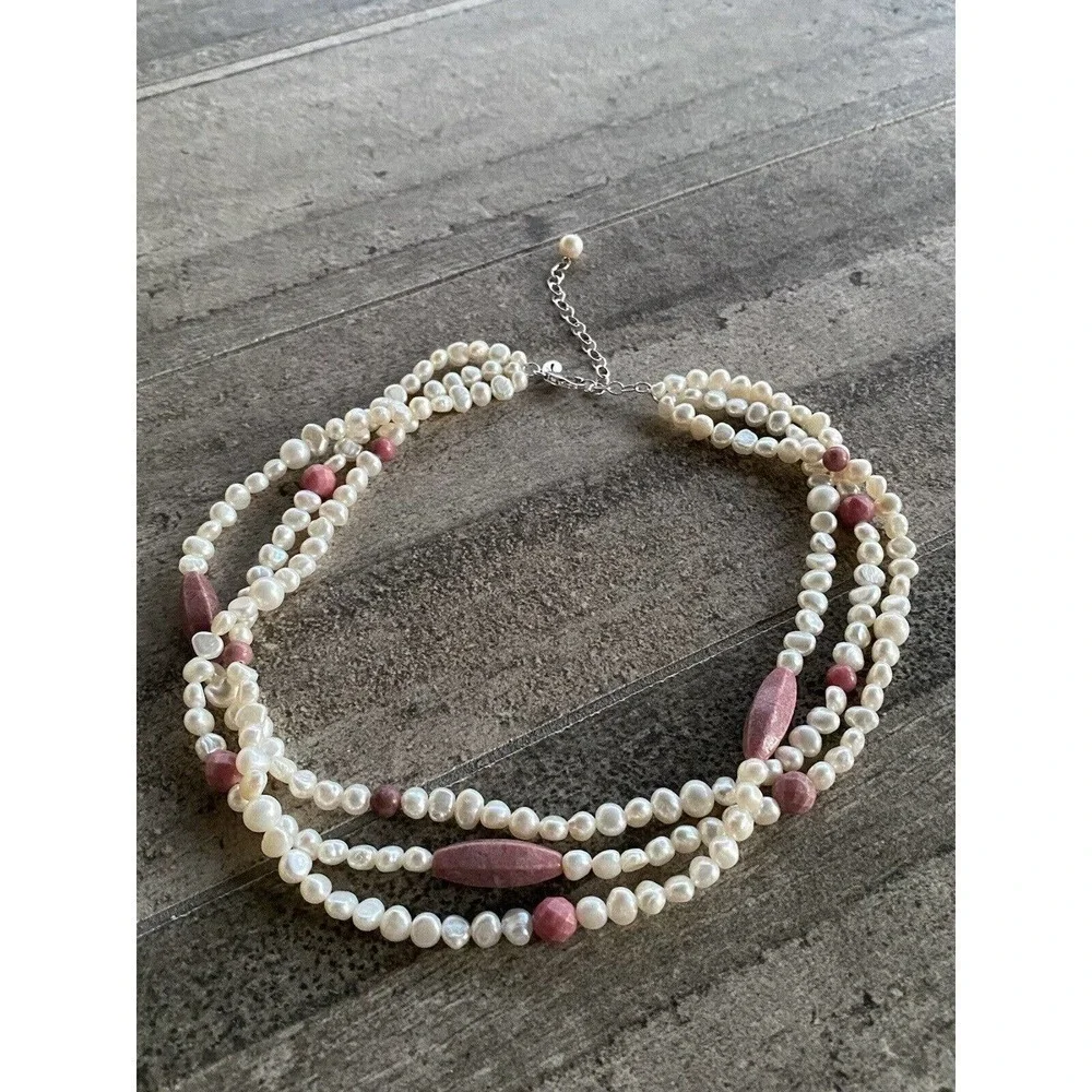 Necklace Pearls Rhodonite Three Strands 17”+3” 925 Findings Artisan